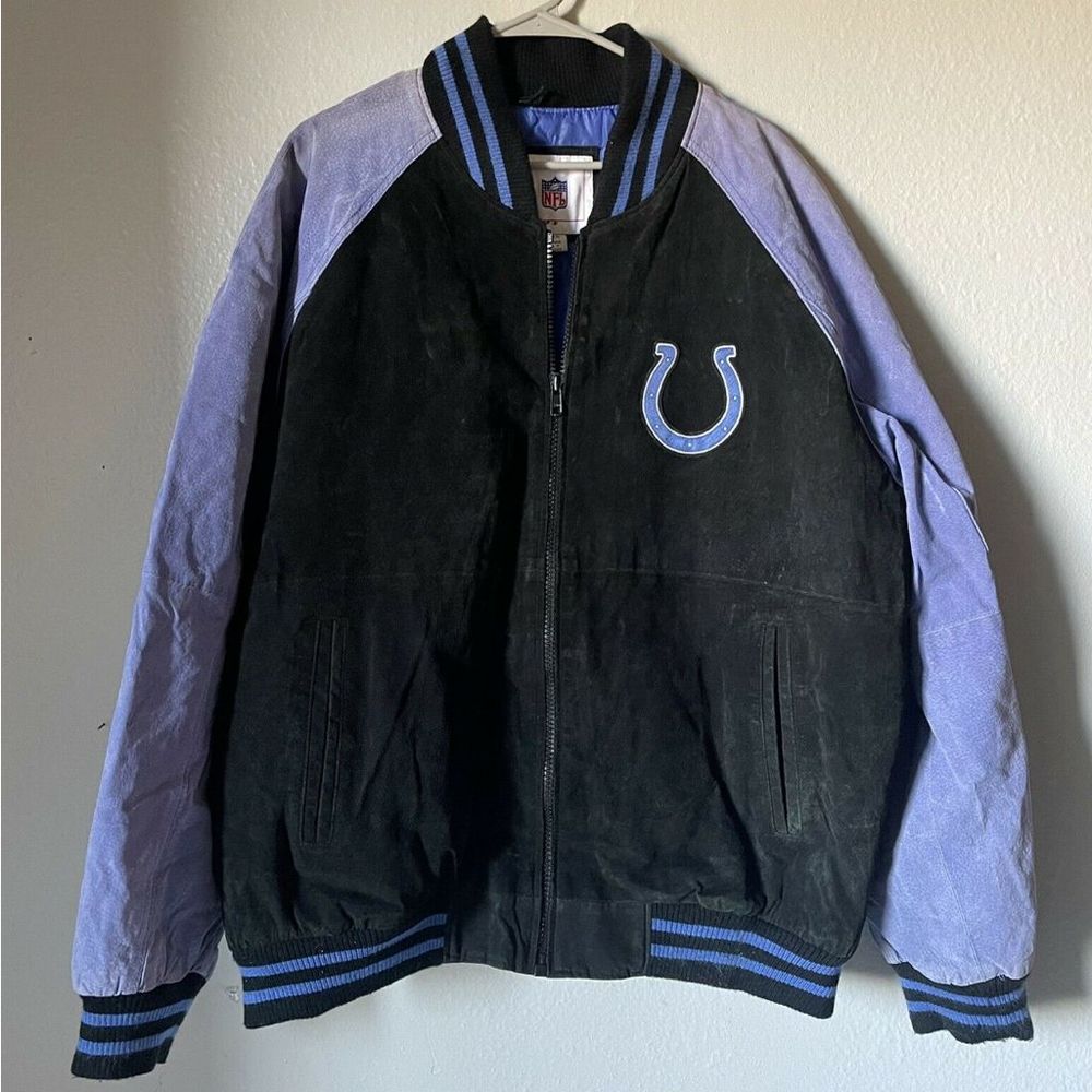 Indianapolis Colts Jacket Coat, XXL Mens Suede, Vintage Distressed, Black Blue.